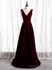A-Line Burgundy Velvet V-neck Backless Prom Dress