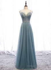 A-Line Green Tulle Spaghetti Straps Beading Prom Dress