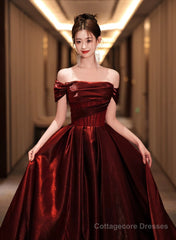 A-line Off Shoulder Beaded Wine Red Satin Prom Dress, Wine Red Party Dress