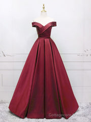 A-Line Off Shoulder Green Satin Long Prom Dresses, Green Evening Dresses