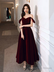 A-Line off Shoulder Velvet Tea Length Burgundy Prom Dress, Burgundy Evening Dress