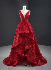 A-line Red  Sequins V-neck Prom Dress