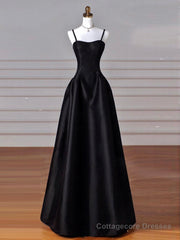 A-Line  Satin Black Long Prom Dress, Black Long Evening Dress