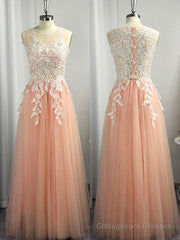 A-line Scoop Appliques Lace Floor-Length Tulle Dress