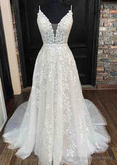 A-line V Neck Sleeveless Lace Court Train Prom Dresses With Pleated