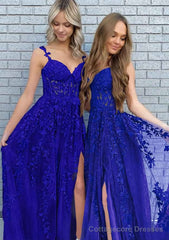 A-line V Neck Spaghetti Straps Long/Floor-Length Lace Prom Dresses With Split