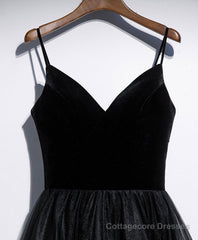 A Line V Neck Tea Length Black Velvet Prom Dresses, Black Tea Length Graduation Homecoming Dresses
