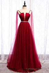 Burgundy Prom Dresses, Spagetti-Strap Sleeveless Prom Dress Tulle Ruffles with Beadings