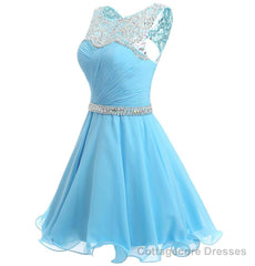 Beaded Chiffon Round Neckline Short Party Dress, Blue Chiffon Homecoming Dresses