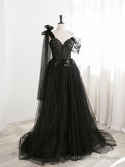 Black A line one Shoulder Tulle Long Prom Dresses, Black Tulle Formal Dresses