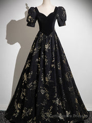 Black A-line Short Sleeves Sweetheart Floral Long PartY Dress, Black Prom Dress