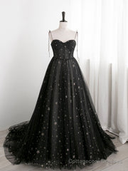 Black A line Sweetheart Neck Tulle Long Prom Dresses, Black Formal Graduation Dresses