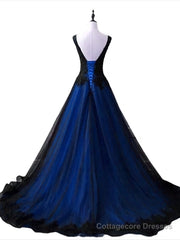 Black and Blue V-neckline Lace Applique Long Formal Dress, Black and Blue Prom Dress