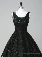 Black and Green Tulle with Lace Long Party Dress, A-line Low Back Evening Dress
