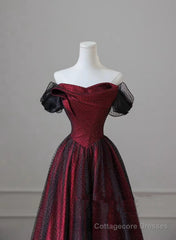 Black and Red Long Party Dress, Off Shoulder Tulle A-line Prom Dress
