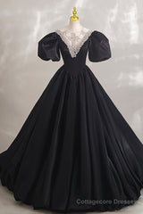 Black Ball Gown with Beaded, Black Short Sleeve Formal Evening Dress