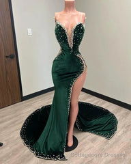 Black Girl Prom Dresses Long Mermaid Green Prom Gown With Train