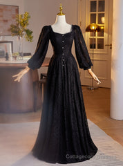 Black Lace Long Sleeve Square Neck Pearls Prom Dress
