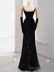 Black Mermaid Straps Sequins Prom Dress
