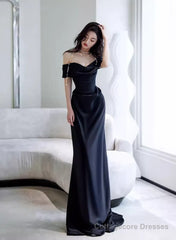Black Off Shoulder Soft Satin Floor Length Party Dress, Black Satin Evening Dress