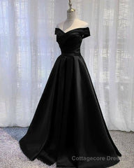 Black Satin Off Shoulder Long Simple Evening Dress Formal Dress, Black Party Dresses
