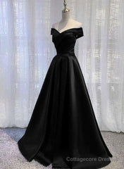 Black Satin Off Shoulder Long Simple Evening Dress Formal Dress, Black Party Dresses
