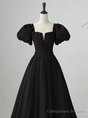 Black Satin Puffy Sleeves Long Evening Party Dress, Black Long Prom Dress