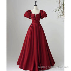Black Satin Puffy Sleeves Long Evening Party Dress, Black Long Prom Dress