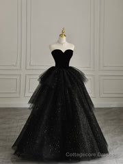 Black Strapless Layered Velvet Tulle Long Prom Dress Evening Dress