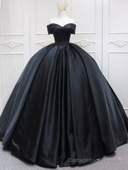 Black Sweetheart Neck Satin Long Prom Gown, Black Sweet 16 Dress