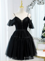 Black Sweetheart Straps Tulle Homecoming Dress, Black Off Shoulder Prom Dress