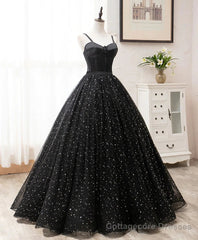 Black Sweetheart Straps Tulle Long Evening Gown, Sleeveless Floor-Length Prom Dresses