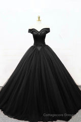 Black Tulle Beaded Long Ball Gown, A-Line Off the Shoulder Evening Formal Gown