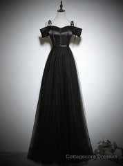 Black Tulle Satin Spaghetti Straps Prom Dress
