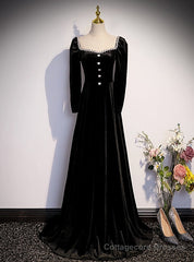 Black Velvet Long Sleeve Square Beading Prom Dress