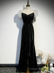 Black Velvet Puff Sleeve Pleats Prom Dress With Split