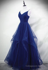 Blue A-line Straps Tulle Layers Long Party Dress, Blue Long Prom Dress