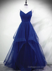 Blue A-line Straps Tulle Layers Long Party Dress, Blue Long Prom Dress