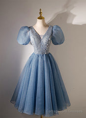 Blue Beaded Tulle Short Sleeves Formal Dresses, Blue Homecoming Dress Prom Dress