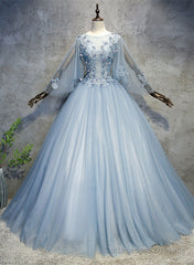 Blue-Grey Ball Gown Tulle Sweet 16 Dress with Lace, Long Formal Dress