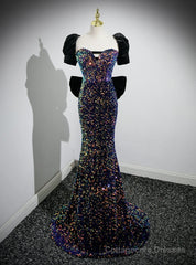 Blue Mermaid Sequins Puff Sleeve Bow Prom Dress
