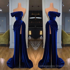 Blue Off-the-Shoulder Velvet Prom Dress Mermaid Long With Split
