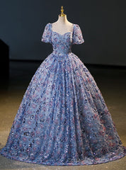 Blue Sequins Square Short Sleeve Quinceanera Dress