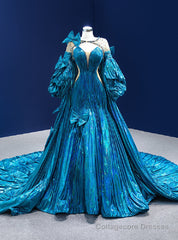 Blue Strapless Pleats Prom Dress With Shawl