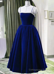 Blue Tea Length Velvet Straps Pearls Formal Dress, Blue Homecoming Dress
