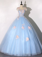 Blue Tulle Appliques Cap Sleeve Quinceanera Dress