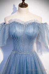 Blue Tulle Long A-Line Prom Dress, Off the Shoulder Evening Party Dress