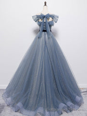 Blue Tulle Off Shoulder Sequin Long Prom Dress Blue Evening Dress