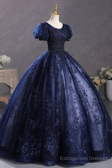 Blue Tulle Sequins Long Formal Dress, A-Line Short Sleeve Evening Party Dress