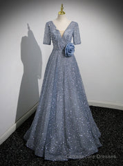 Blue Tulle Sequins V-neck Short Sleeve Beading Prom Dress